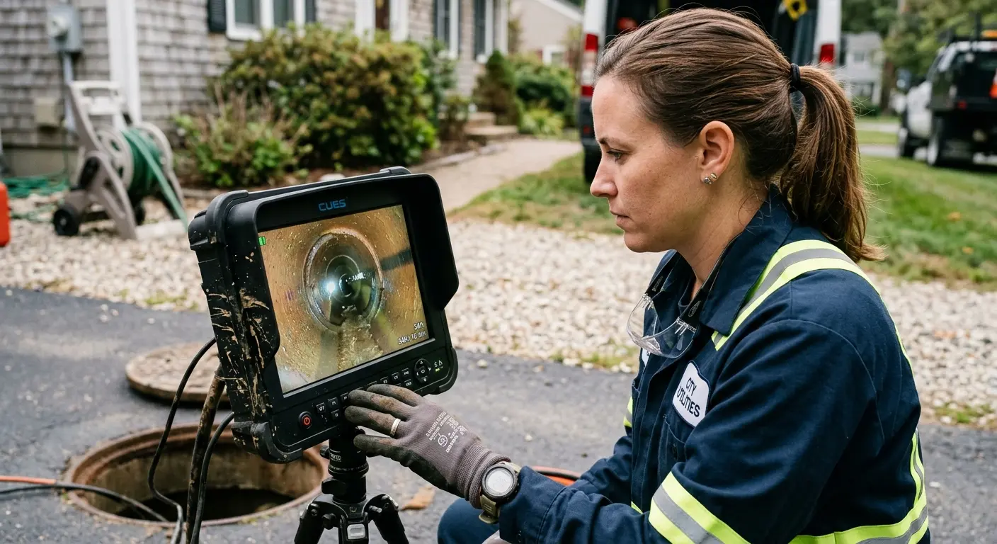 Technician reviewing sewer camera inspection footage in Orchard Park