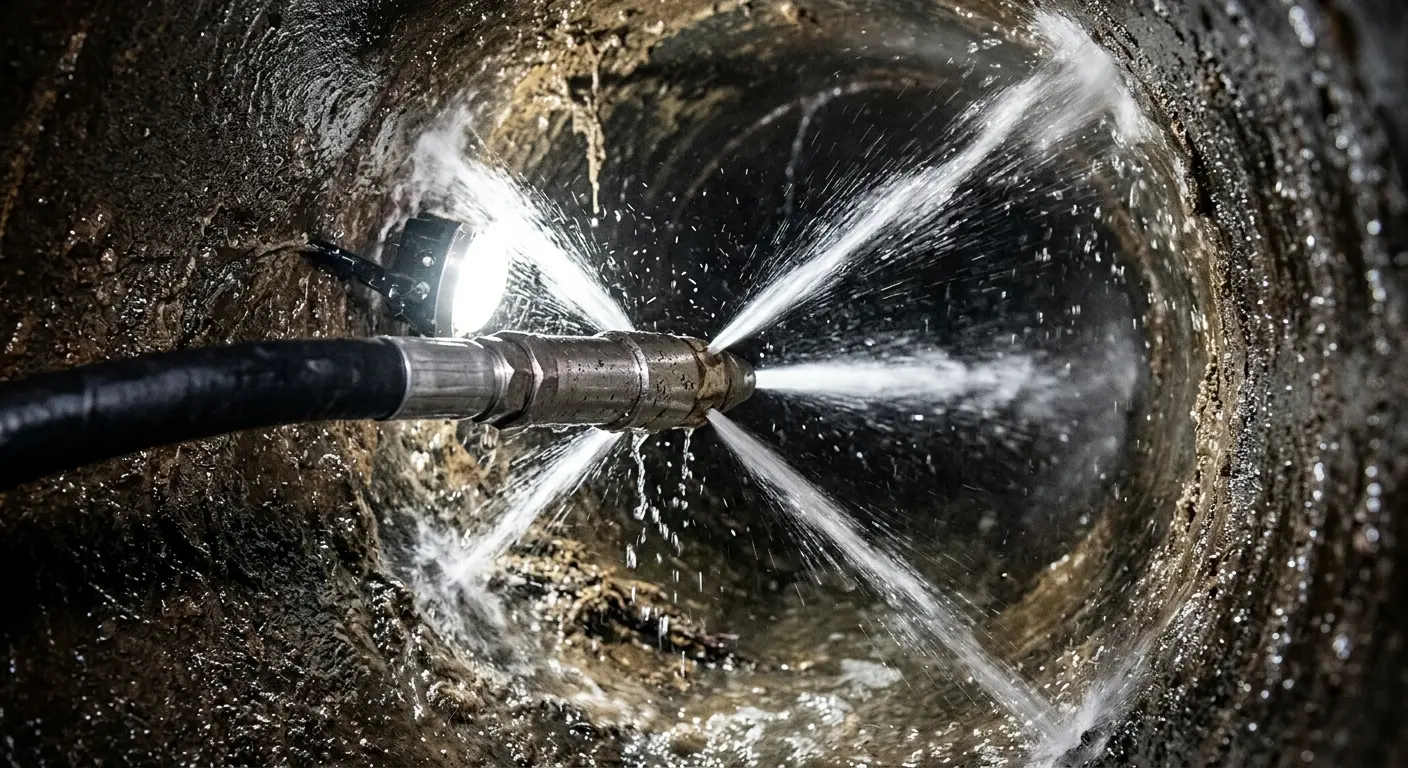 High-pressure hydro jetting nozzle cleaning sewer pipe for Sewer Cleanout in Orchard Park