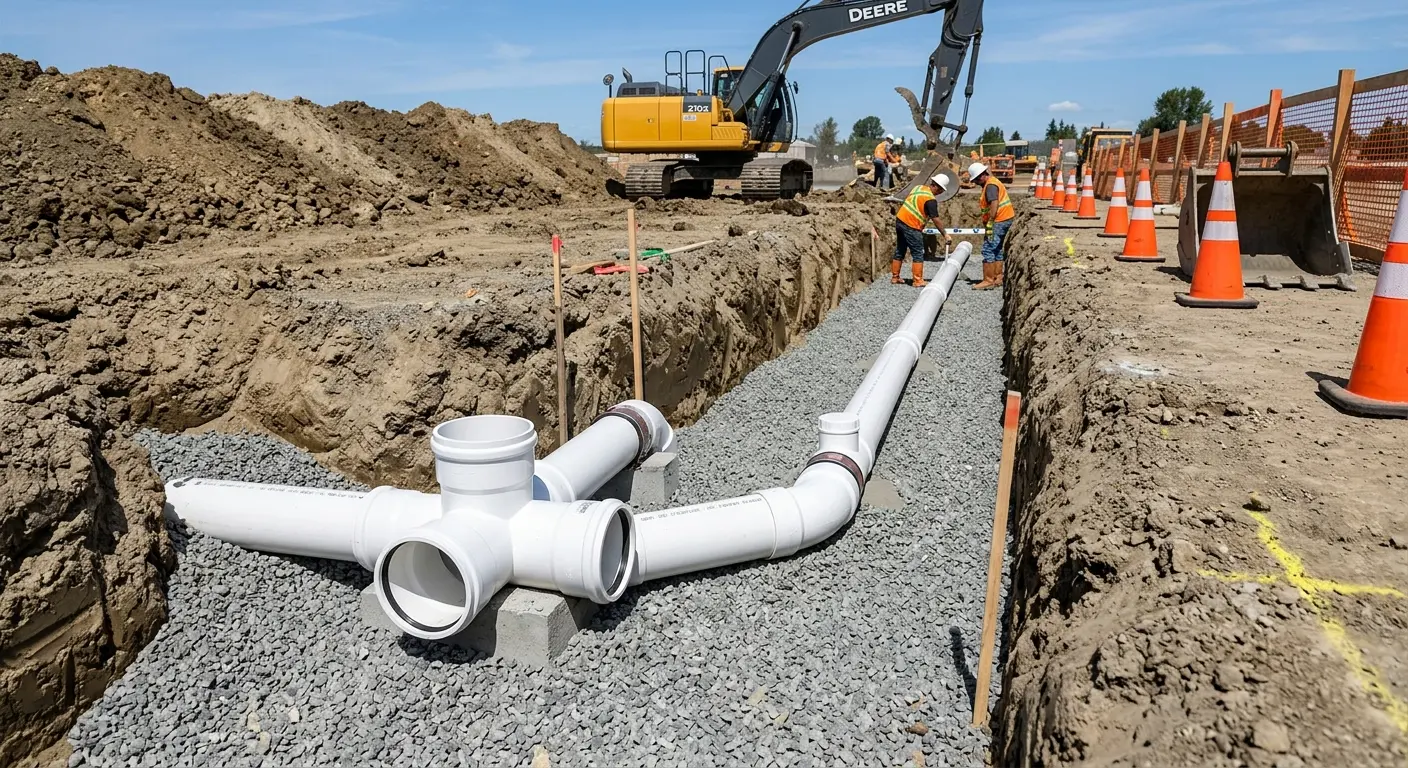 New PVC sewer pipe installation in open trench for Commercial Drain Cleaning in Orchard Park