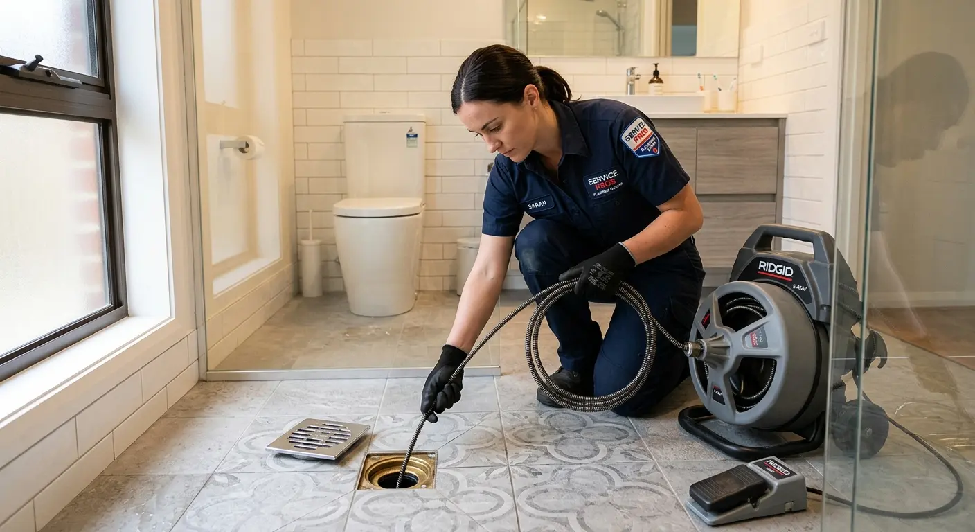 Technician clearing a bathroom floor drain for Clogged Drain Repair in Orchard Park